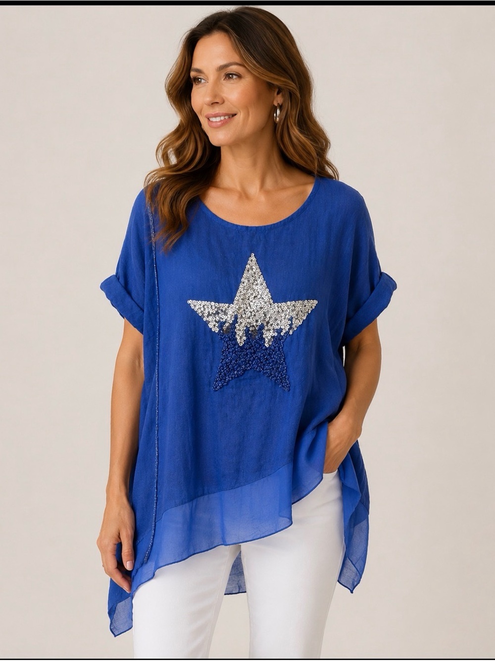 Owersize Royal Blue Star Sequin Short Sleeve Linen Tunic